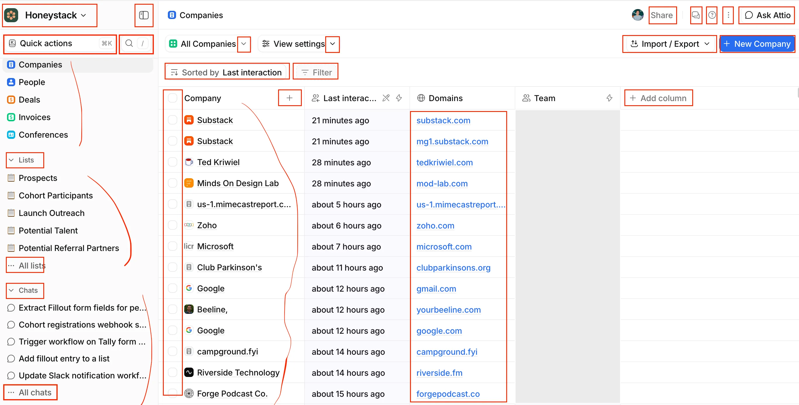 Attio CRM table view with dozens of toolbar buttons, filters, and column controls circled in red