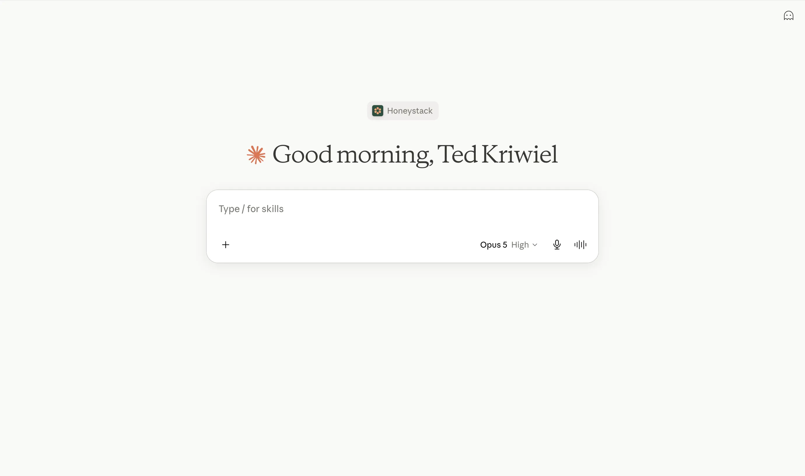 Claude's chat interface greeting "Good morning, Ted Kriwiel" above a single message input box