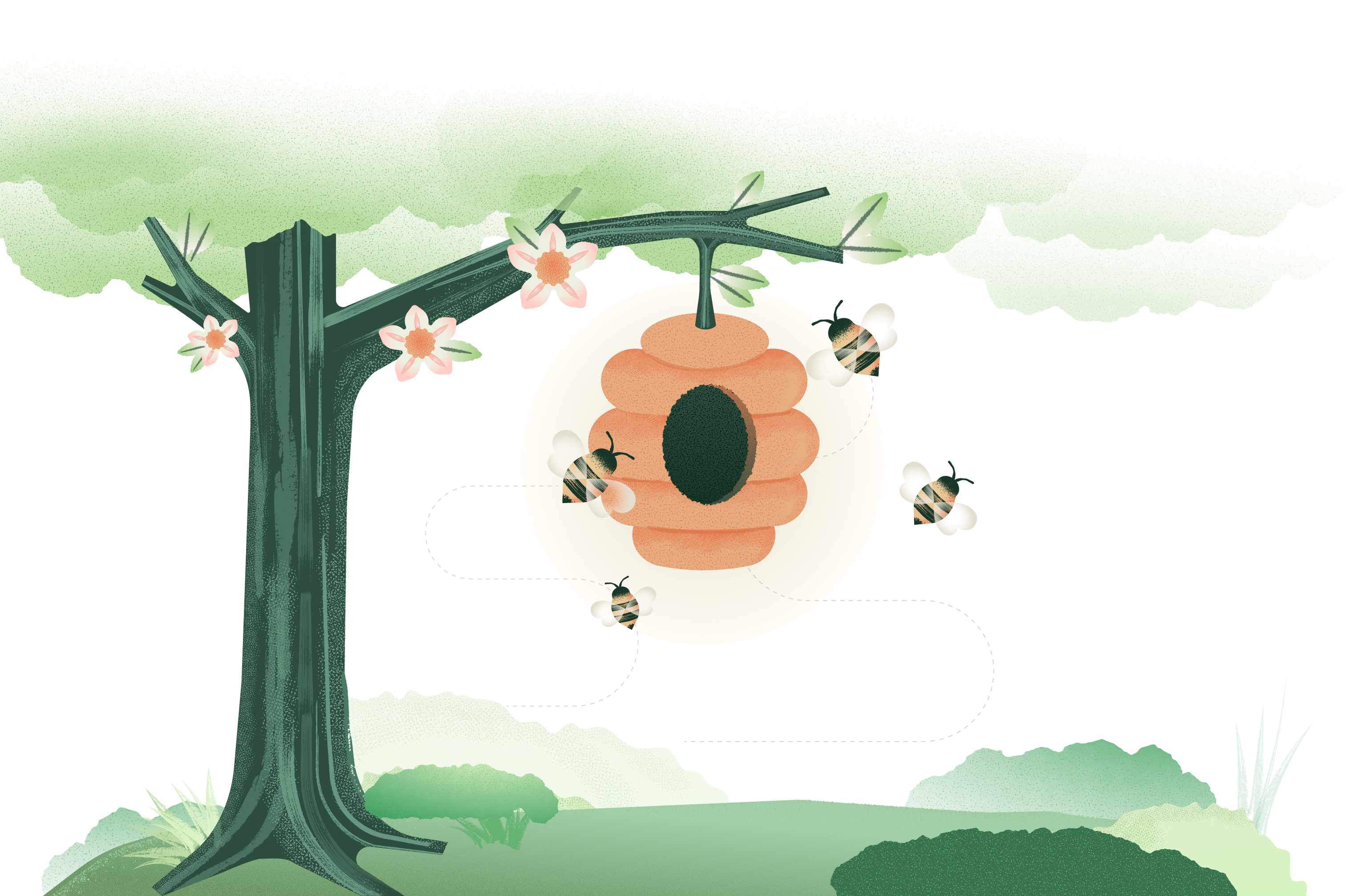 Illustration of a beehive hanging from a tree branch with bees buzzing around, surrounded by flowers and a green landscape