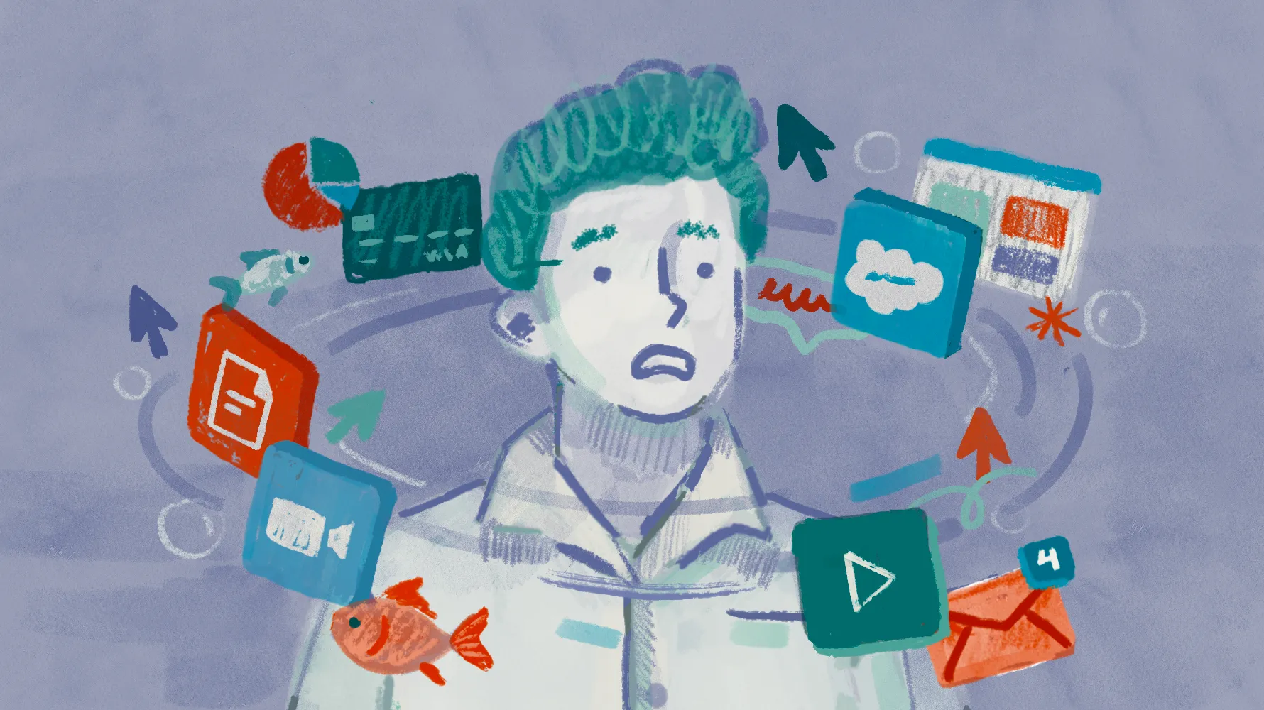 Illustration of a worried person surrounded by a swirl of floating app icons — a credit card, music note, messaging bubble, video camera, email envelope, document, and play button — with a goldfish swimming by