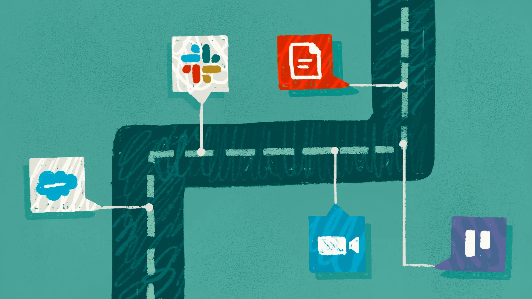 Illustration of a winding highway with software tool icons (Salesforce, Slack, a document, Zoom, Trello) placed along the route like signposts on a roadmap