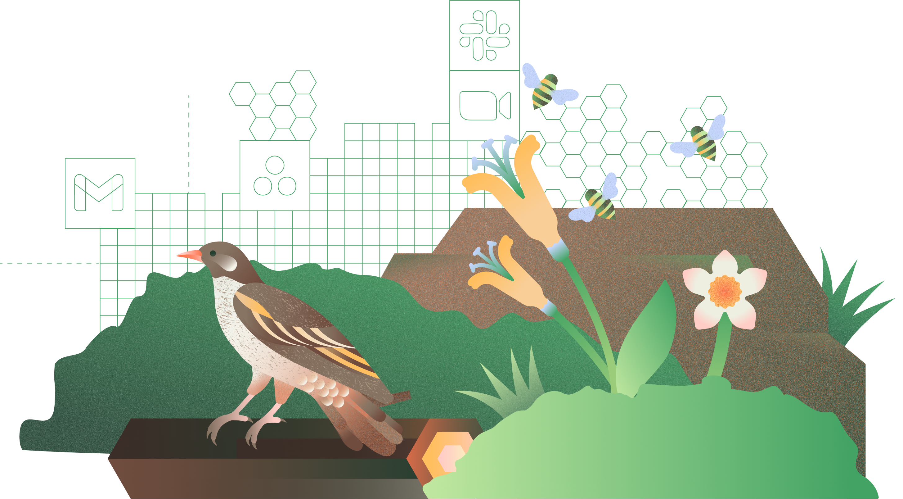 Illustration of a bird among flowers, honeycomb patterns, and software icons representing nonprofit technology education