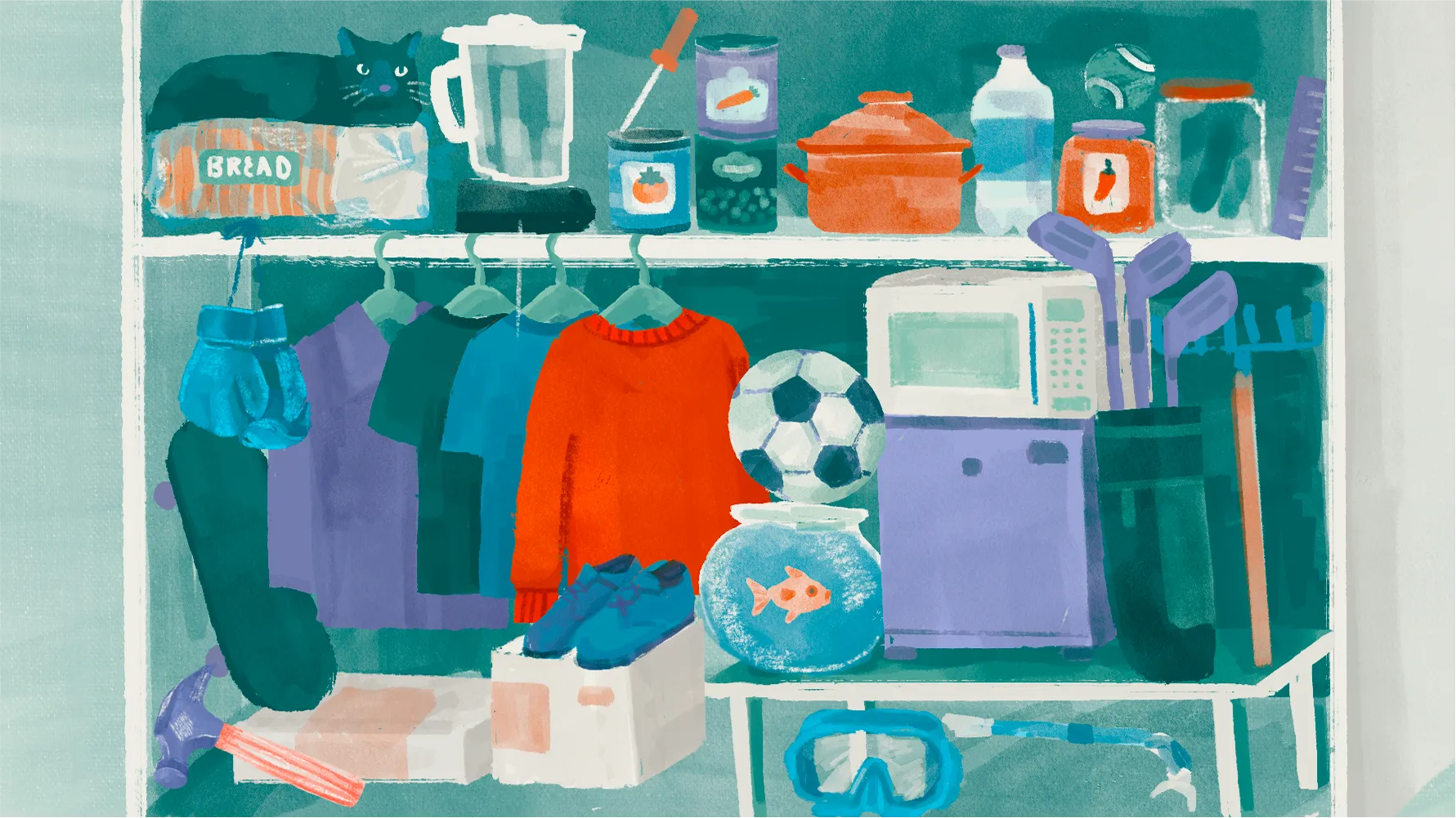 Illustration of overstuffed shelves crammed with mismatched items — a cat, bread, blender, sweaters, soccer ball, microwave, golf clubs, fishbowl, and swim goggles — everything piled in one place