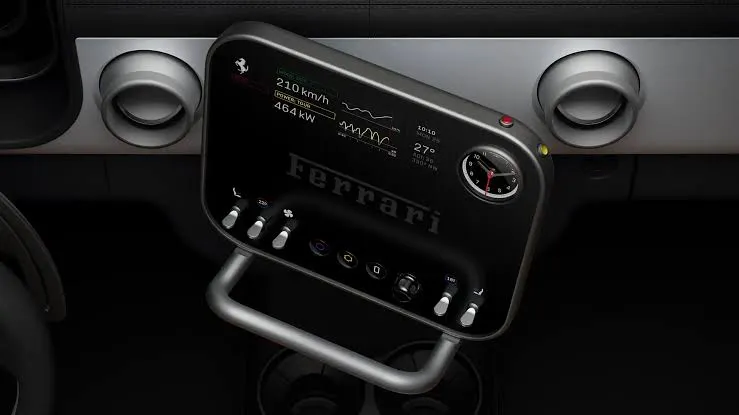 Ferrari Luce digital dashboard display flanked by physical knobs, switches, and dials