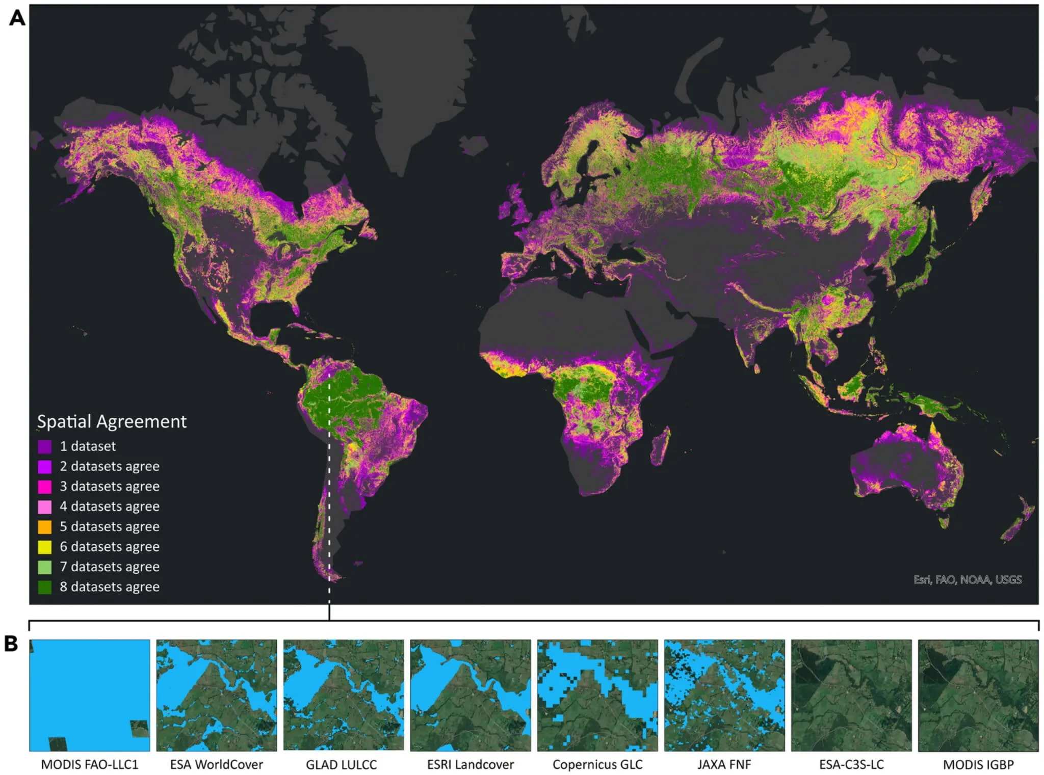 Spatial agreement of forest datasets across the globe