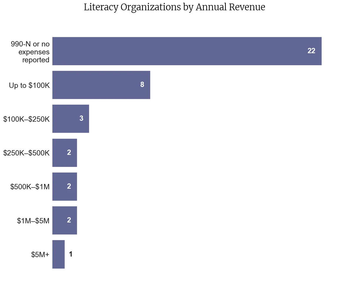 Bar chart showing 40 simulated literacy nonprofits distributed by annual revenue, with most organizations falling in the smallest revenue bands