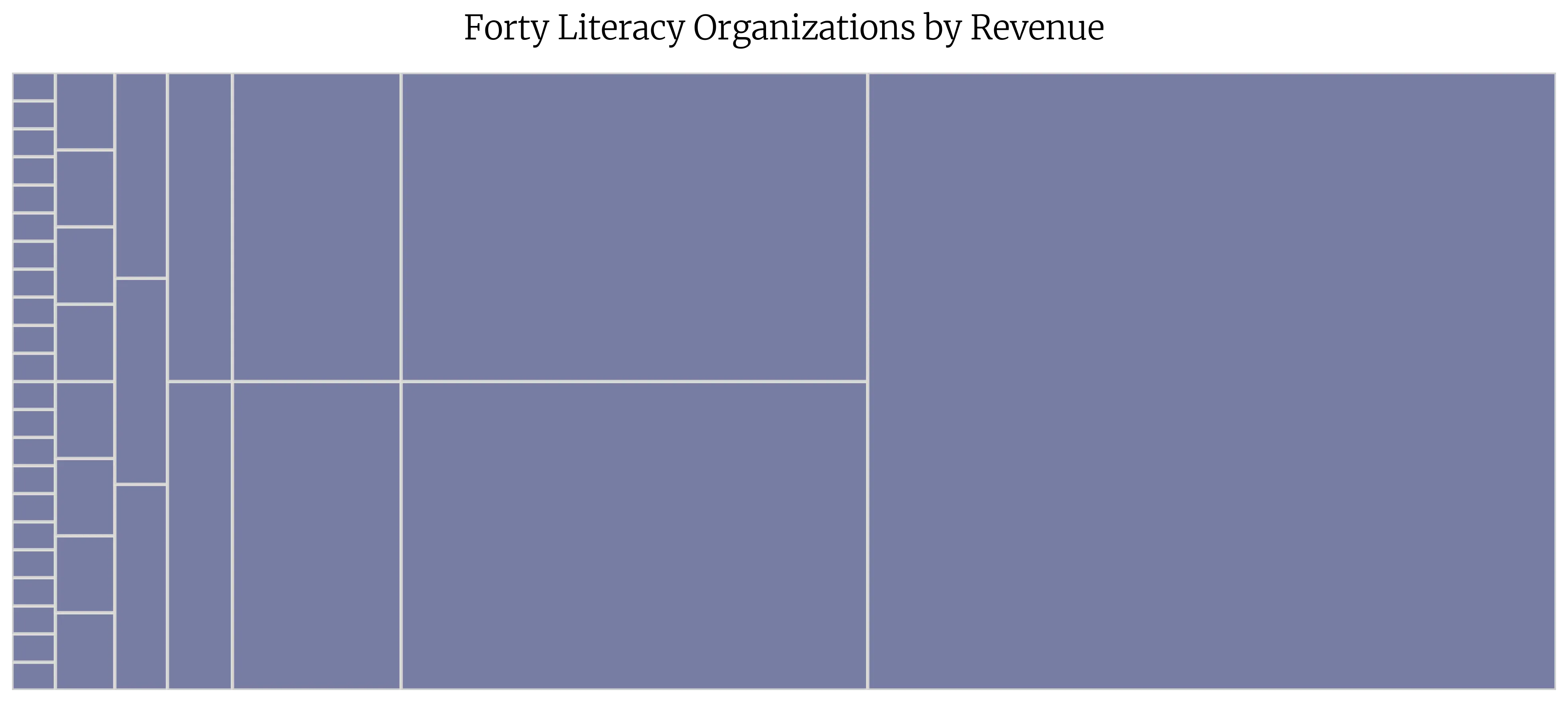 Treemap of the 40 nonprofits sized by actual revenue, showing a few large squares dominating and dozens of tiny squares around them