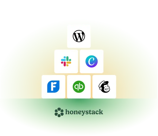 Honeystack logo and a hexagonal grid of app icons representing a shareable tech stack