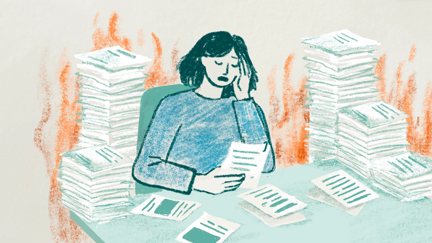Illustration of an exhausted woman sitting at a desk between tall stacks of paperwork, with orange flames painted behind her