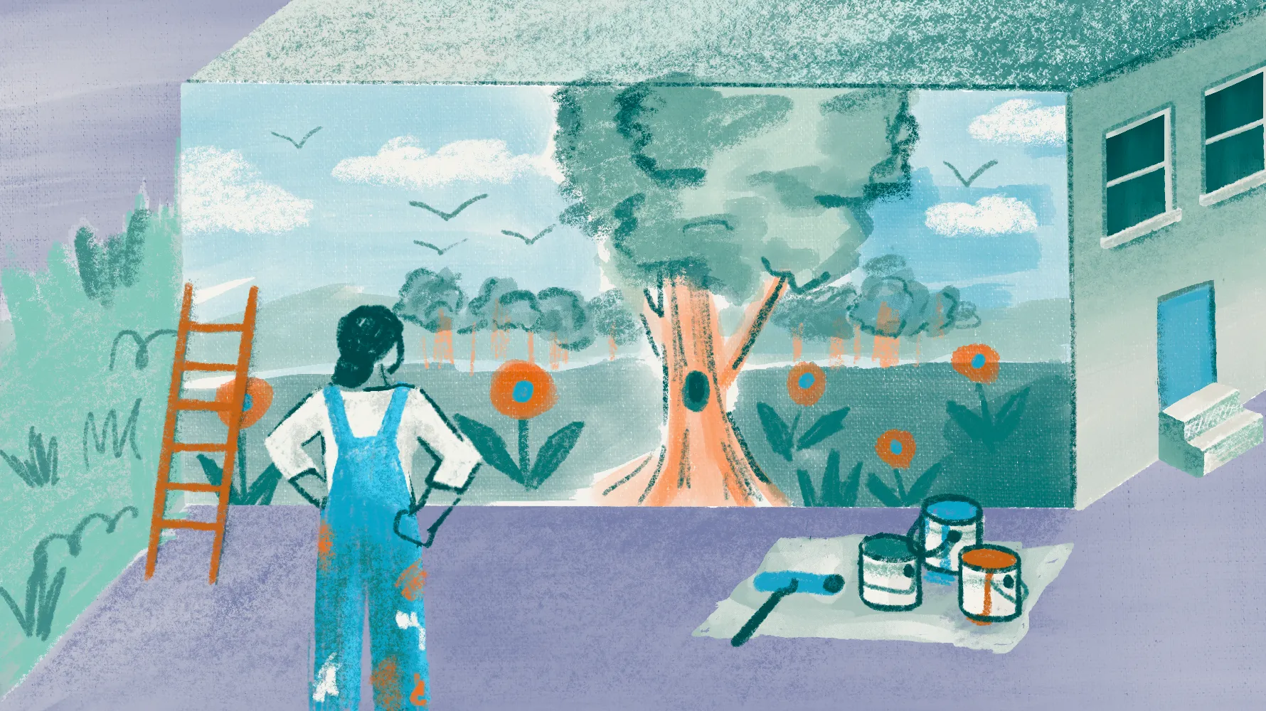 Illustration of a woman in overalls stepping back to look at a large landscape mural she is painting on an outdoor wall