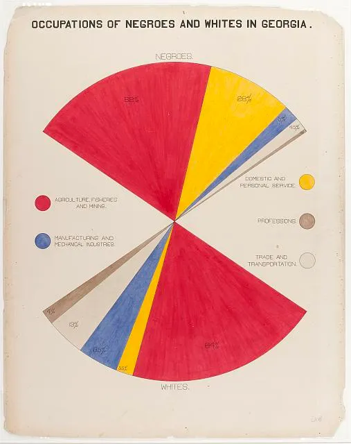 Mirrored fan-shaped chart titled "Occupations of Negroes and Whites in Georgia." The top fan shows Negro occupations (62% agriculture/fisheries/mining, 28% domestic and personal service, smaller slices for manufacturing, professions, and trade). The bottom fan shows White occupations with a similar but less lopsided breakdown
