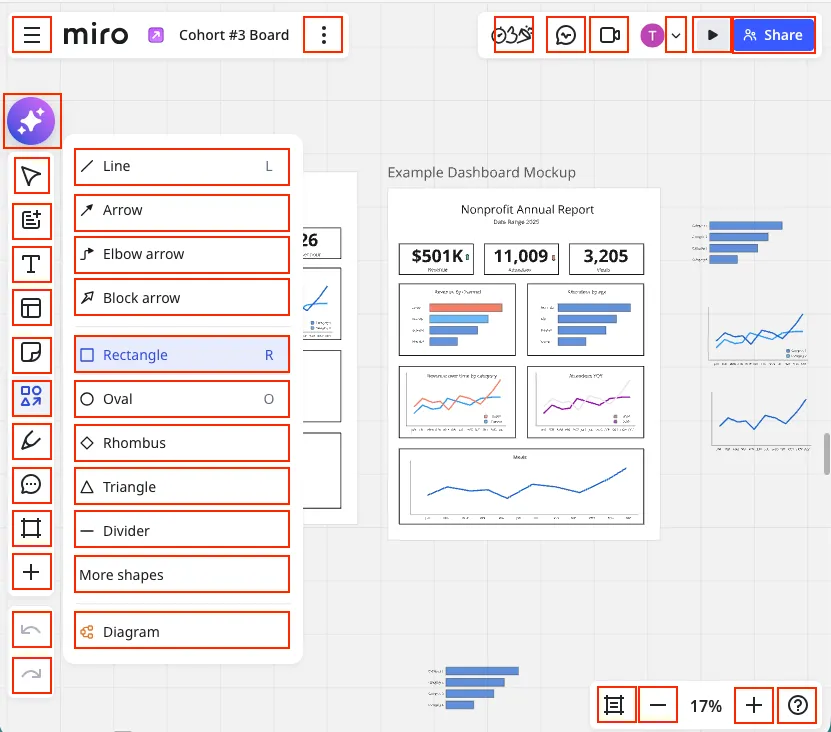 Miro whiteboard interface with a left-hand toolbar stacked with shape and drawing tool buttons