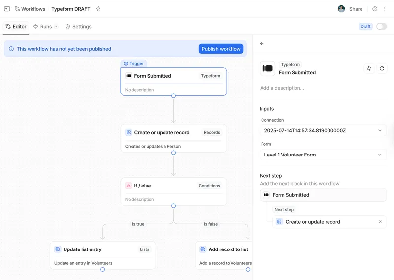 Attio automation builder wired to a Typeform submission trigger that creates or updates a record in the CRM