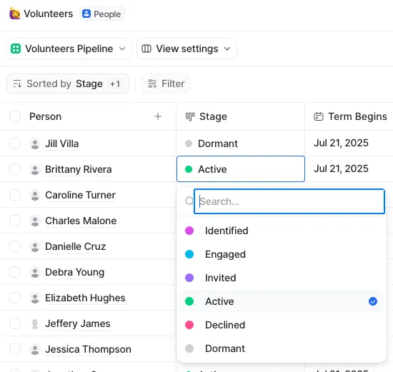 Attio Volunteers pipeline showing a person record with a dropdown of stage options: Identified, Engaged, Invited, Active, Declined, Dormant