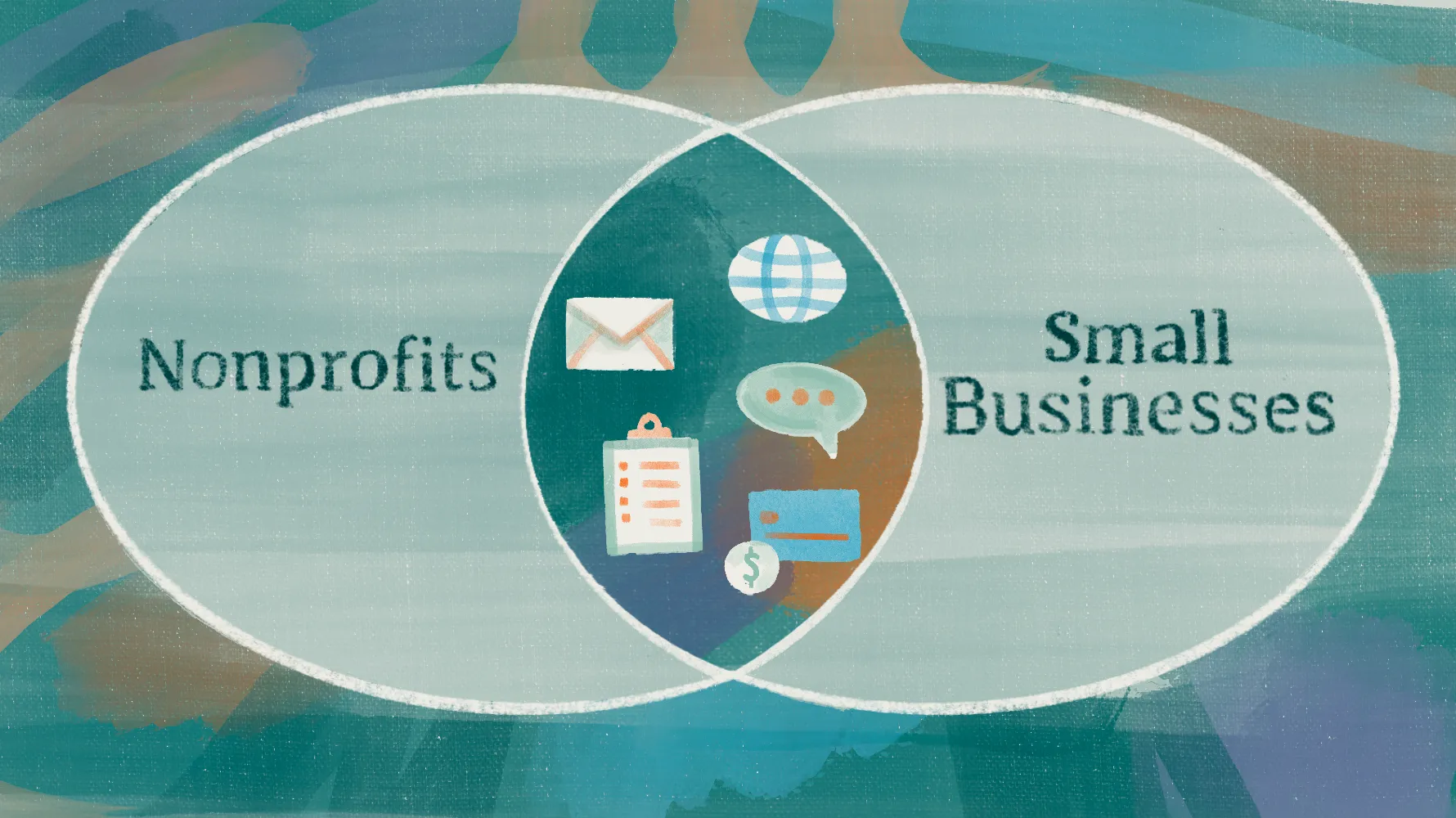 Illustration contrasting generic tools with crosses or nonprofit branding stuck on them against genuinely specialized tools like a dentist's drill