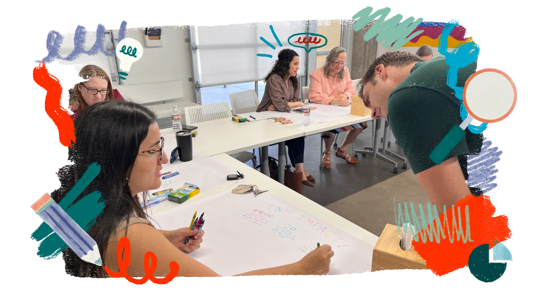 Photo of cohort participants gathered around a long white table, drawing and writing with crayons on a large sheet of butcher paper during a workshop session