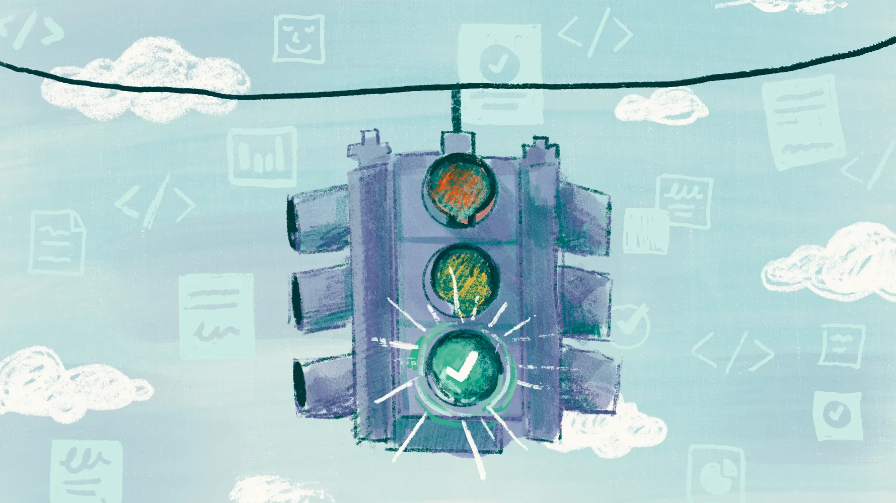 Illustration of a traffic light hanging in a cloudy sky surrounded by floating document and chart icons, with the bottom green light glowing brightly with a checkmark
