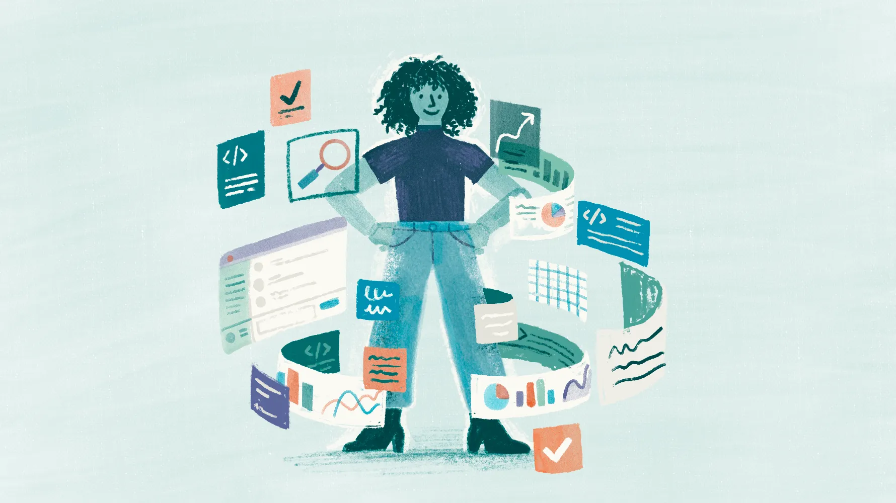 Illustration of a confident woman standing with hands on hips, surrounded by floating cards of dashboards, code snippets, charts, and checkmarks