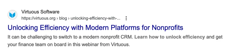Google search result snippet for Virtuous Software titled "Unlocking Efficiency with Modern Platforms for Nonprofits"