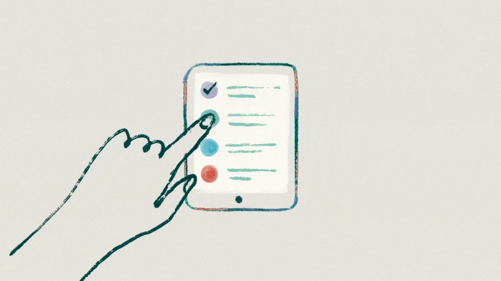 Hand-drawn illustration of a finger tapping a tablet that shows a short checklist with one checked item and two colored bullet points