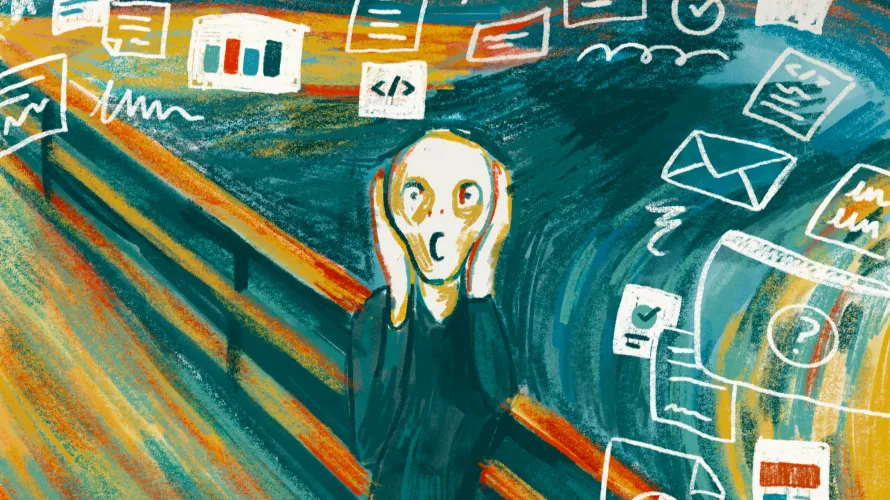 Illustration in the style of Munch's "The Scream" with the figure clutching its face on a bridge while charts, code snippets, envelopes, and document icons swirl around