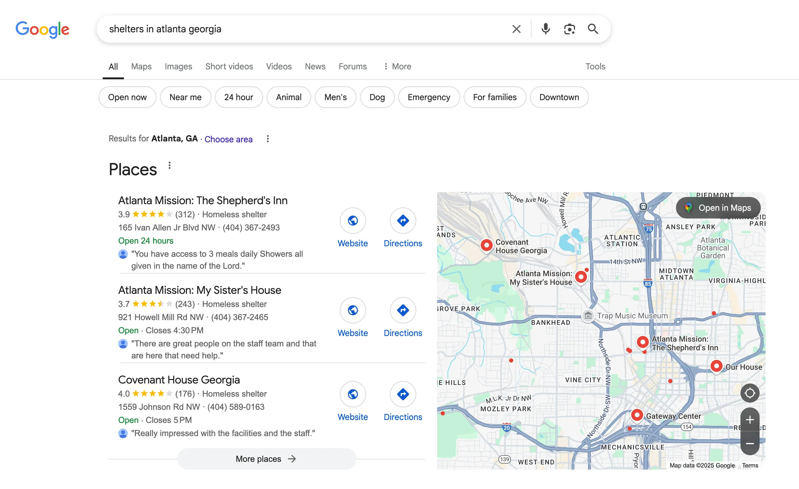Screenshot of a Google search for "shelters in atlanta georgia" showing Places listings for Atlanta Mission's Shepherd's Inn, My Sister's House, and Covenant House Georgia alongside a map of their locations