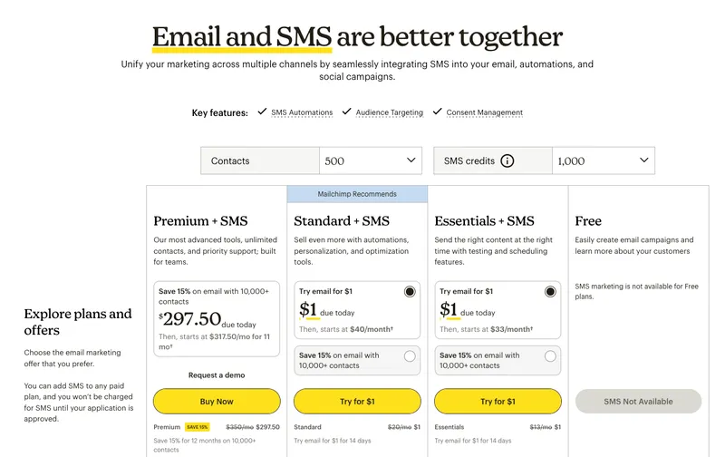 Screenshot of Mailchimp's pricing page showing a complicated grid that combines feature tiers with usage-based contact limits