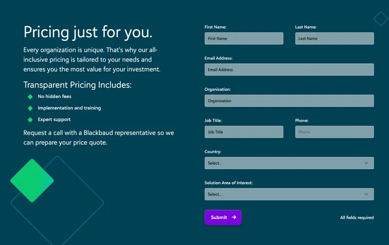 Screenshot of Blackbaud's "Transparent Pricing" page, which hides the price behind a "call us" form