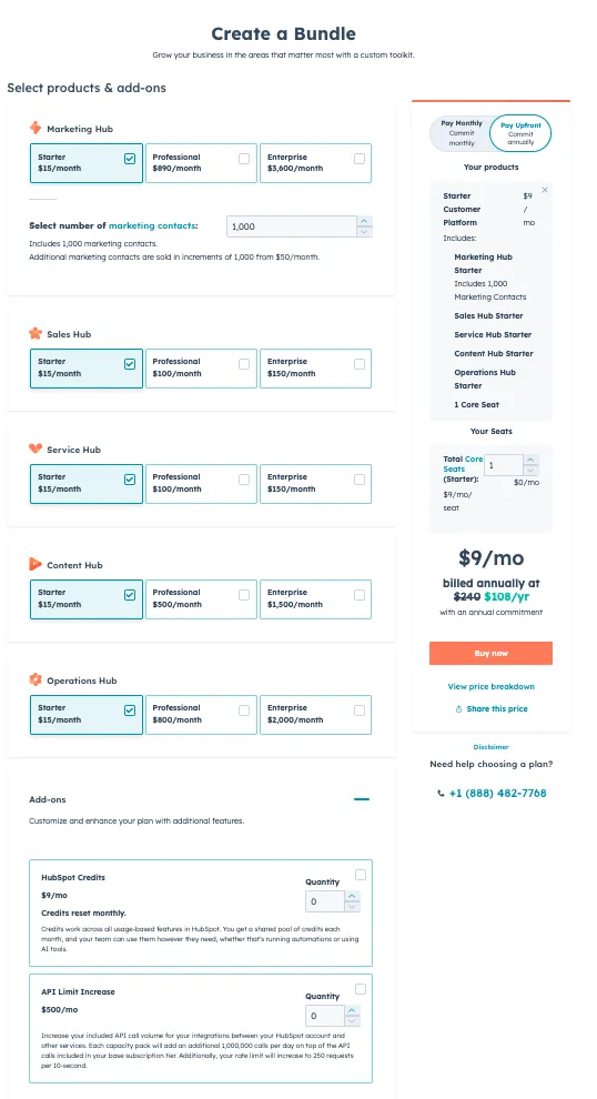 Screenshot of Hubspot's Create-a-Bundle pricing configurator, showing six product hubs, three tiers each, and add-ons that combine into an overwhelming matrix