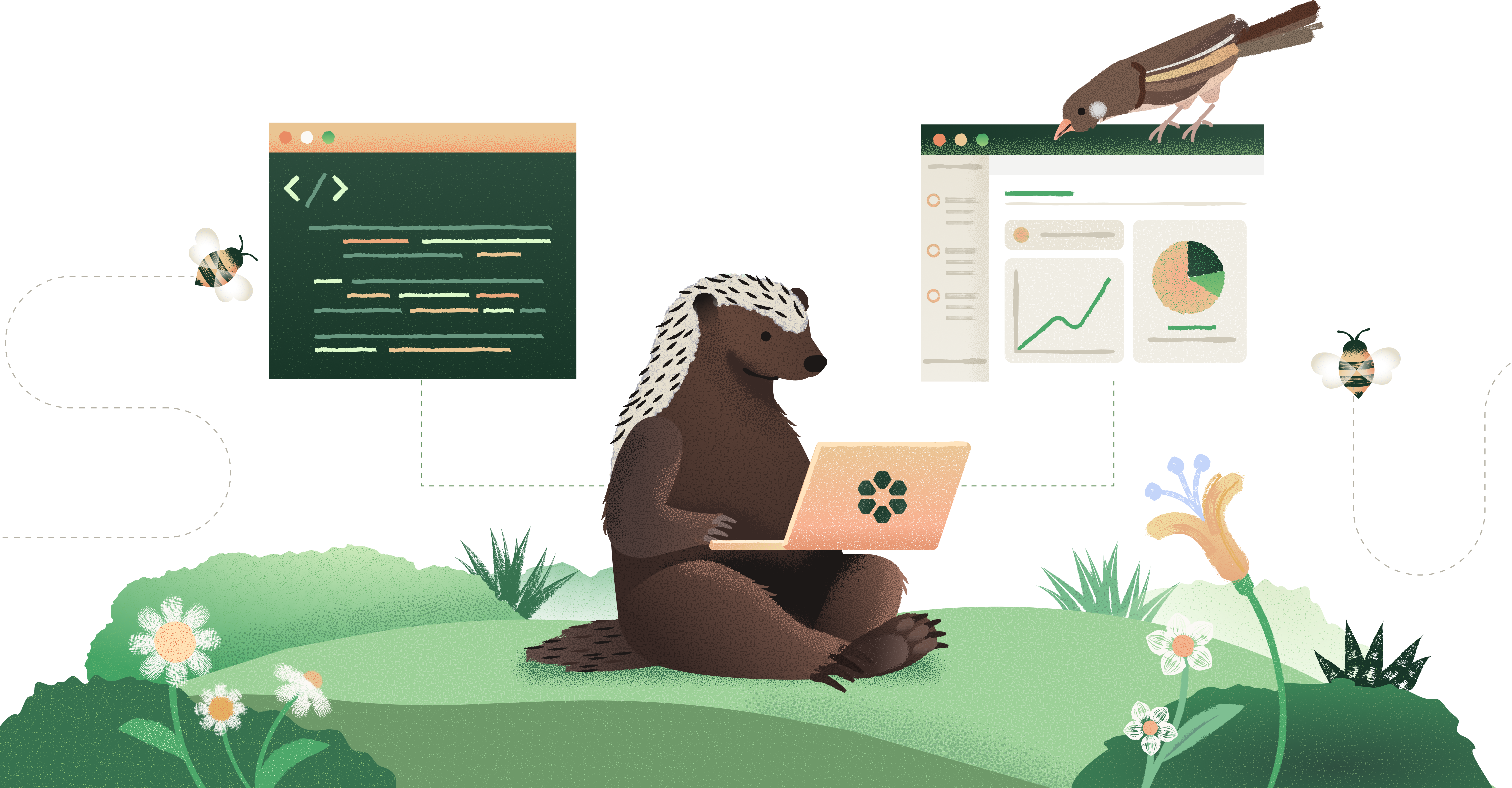 Illustration of a honey badger sitting on a grassy hill working on a laptop, with a code editor and analytics dashboard floating nearby, surrounded by bees, wildflowers, and a bird perched on the dashboard