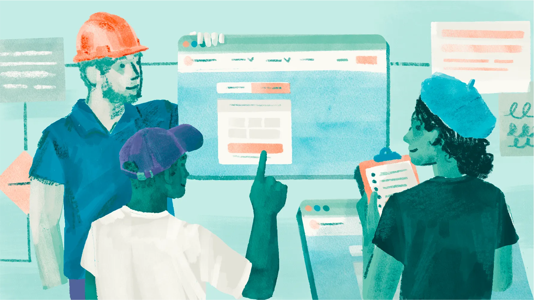 Illustration of three people wearing different hats — an orange hard hat, a purple ball cap, and a teal beret — standing in front of a website mockup, representing engineering, product, and design