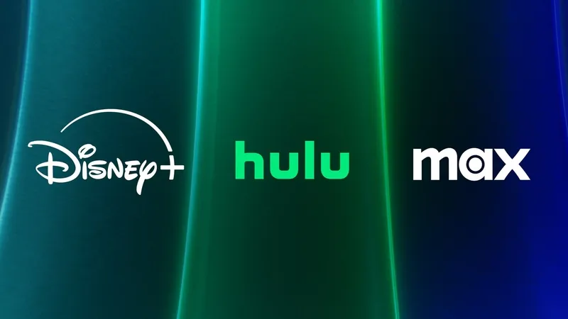 Logo composite of Disney+, hulu, and max set against a blue and green gradient background, promoting the streaming bundle
