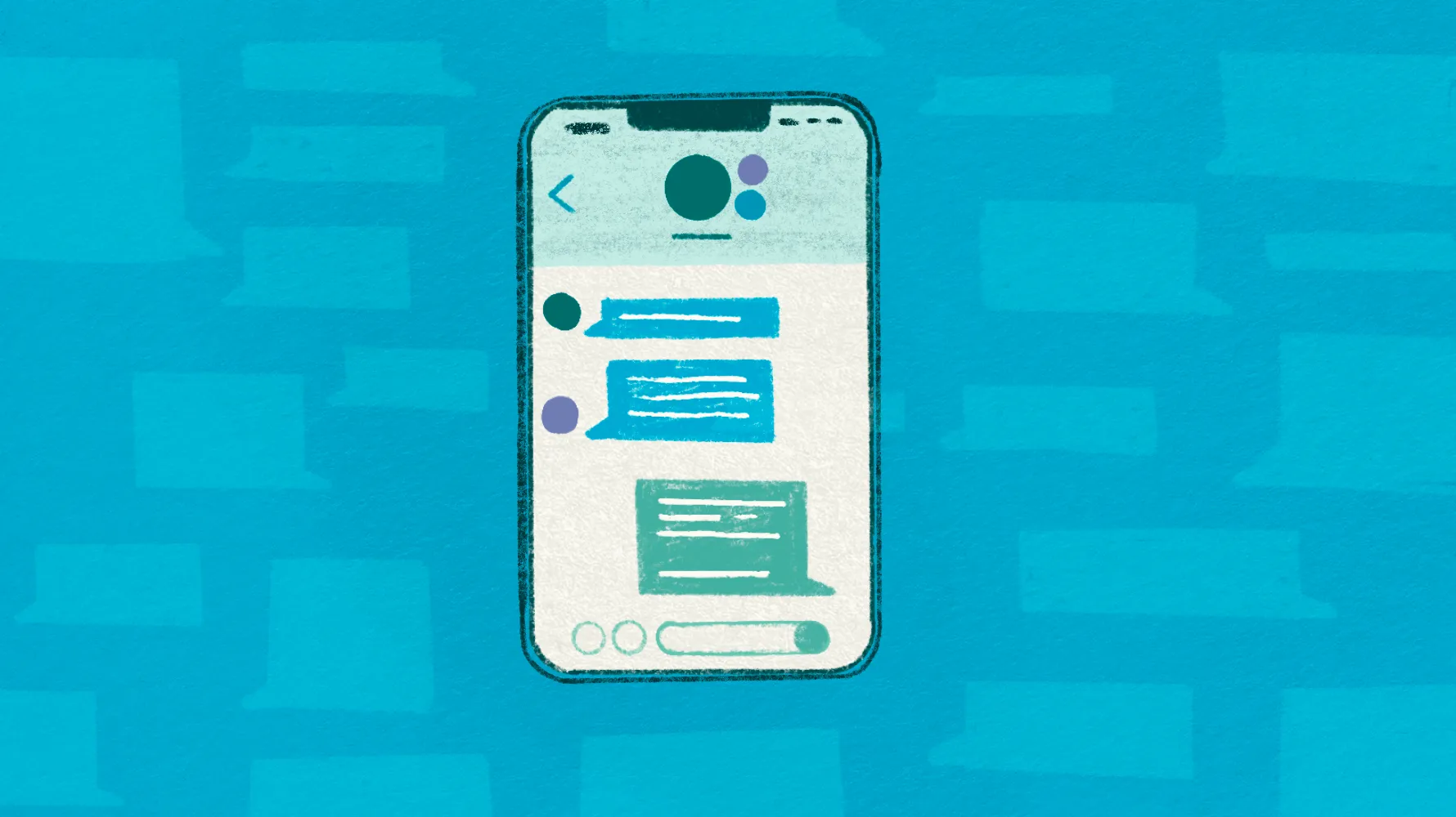 Illustration of a smartphone displaying a messaging thread with mixed blue and green chat bubbles, set against a background of scattered chat bubbles