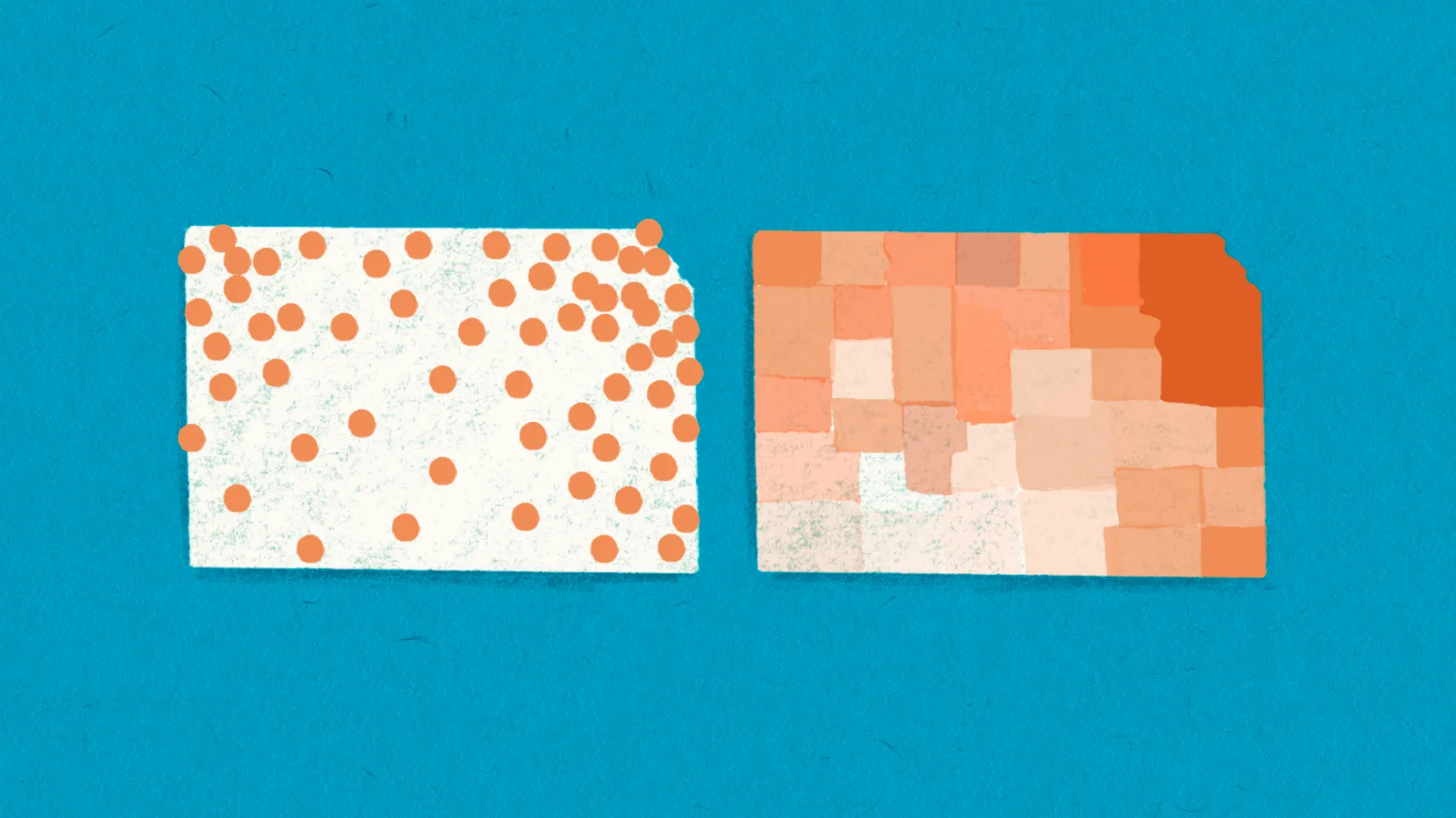 Two stylized outlines of Kansas side by side: the left is dotted with discrete orange pinpoints, the right is shaded in varying orange intensities as a choropleth map