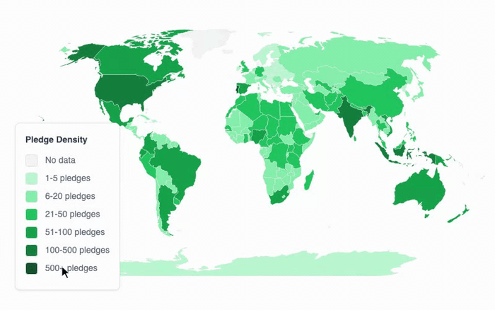 Interactive choropleth map showing conservation pledge density across 172 countries