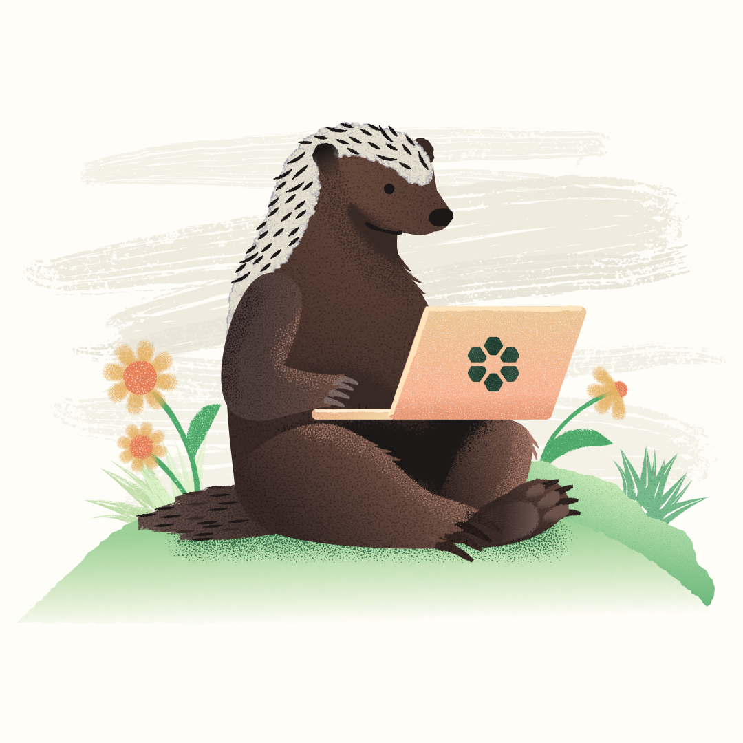 Illustration of a badger on a computer with textured brush strokes