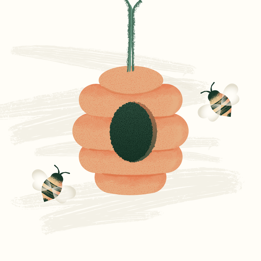 Illustration of a bee flying toward a code editor with textured brush strokes