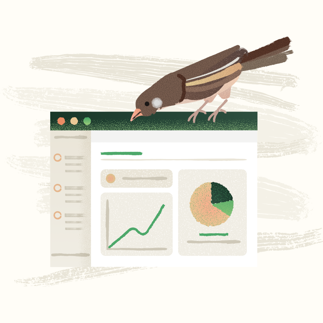 Illustration of a bird perched on a browser window with textured brush strokes